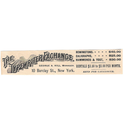 The Typewriter Exchange George A. Hill Barclay St NY 1892 Magazine Ad AK6-H1