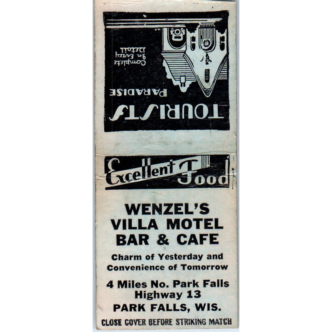 Wenzel's Villa Motel Bar & Cafe Park Falls WI Vintage Matchbook Cover SD4-Y11
