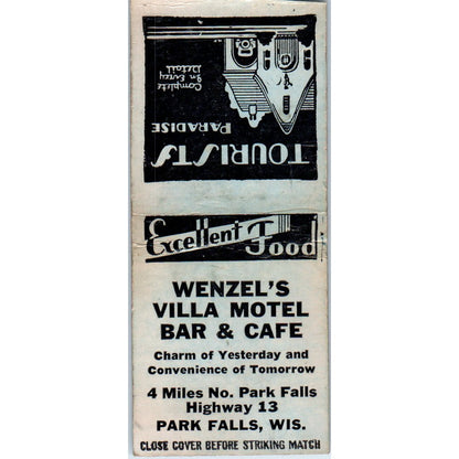 Wenzel's Villa Motel Bar & Cafe Park Falls WI Vintage Matchbook Cover SD4-Y11