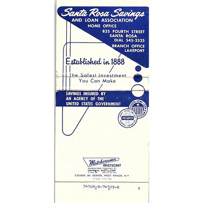 Santa Rosa Savings and Loan 835 Fourth Street CA Vintage Matchbook MM7-1
