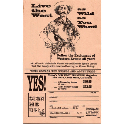 Old West Traveler Costa Mesa CA 1995 Subscription Mailing Card AK1-1