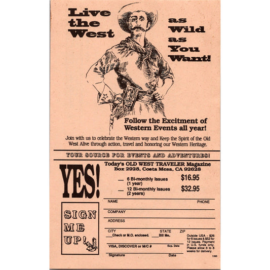 Old West Traveler Costa Mesa CA 1995 Subscription Mailing Card AK1-1