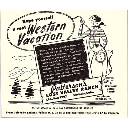 Patterson's Lost Valley Ranch Sedalia CO 1958 Ad AG1-H4