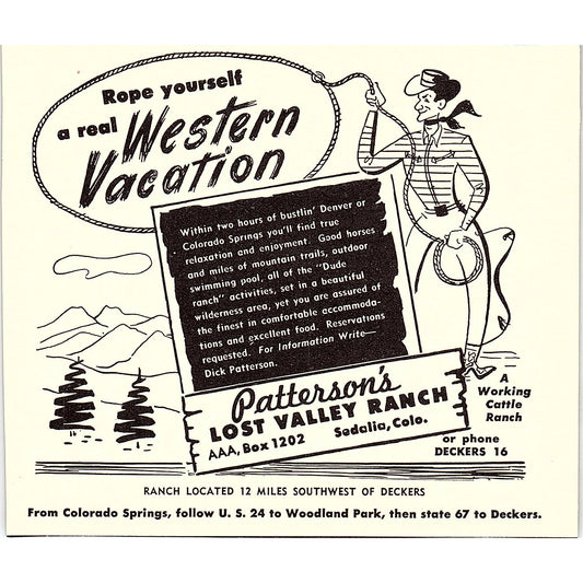 Patterson's Lost Valley Ranch Sedalia CO 1958 Ad AG1-H4