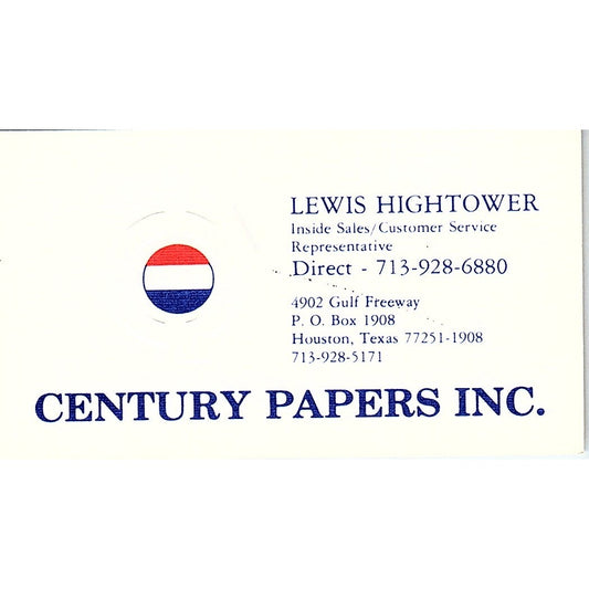 Lewis Hightower Century Papers Inc Houston Vintage Business Card SC9-B7
