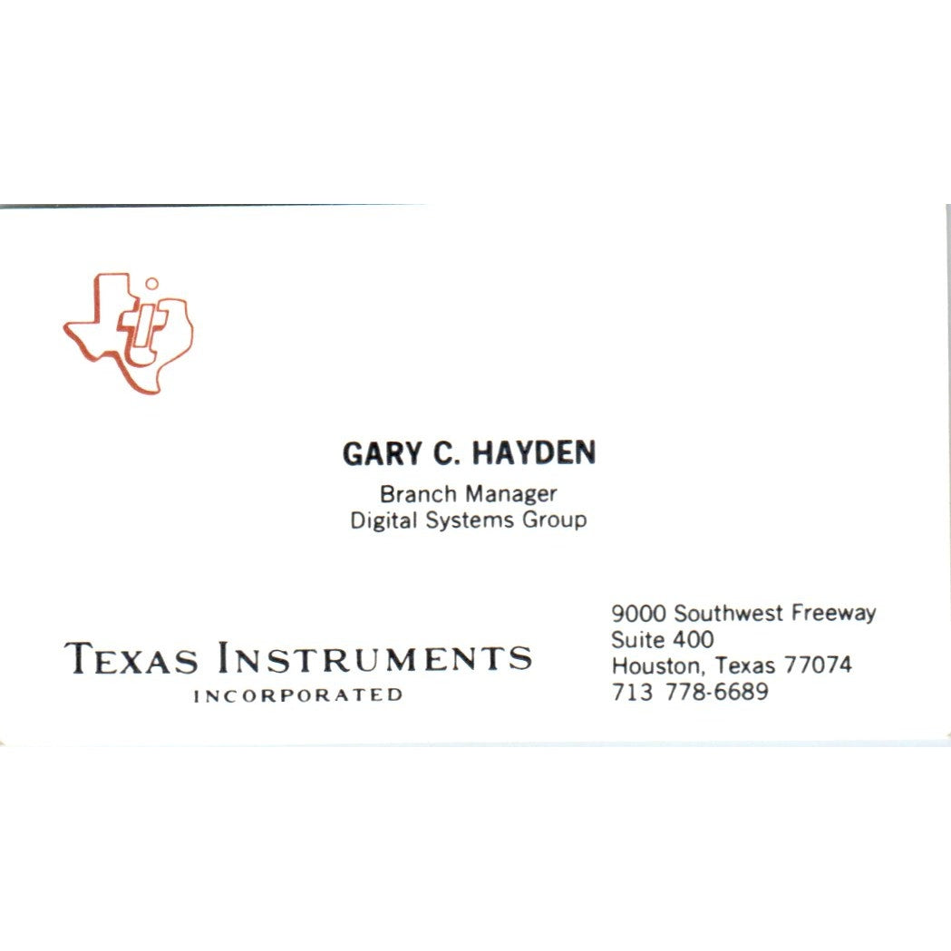 Gary C. Hayden Texas Instruments Inc Houston TX Vintage Business Card SE3-B3