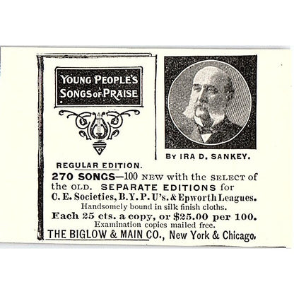 Young People's Songs of Praise Ira D Sankey Bigelow & Main 1903 Ad AF8-S27