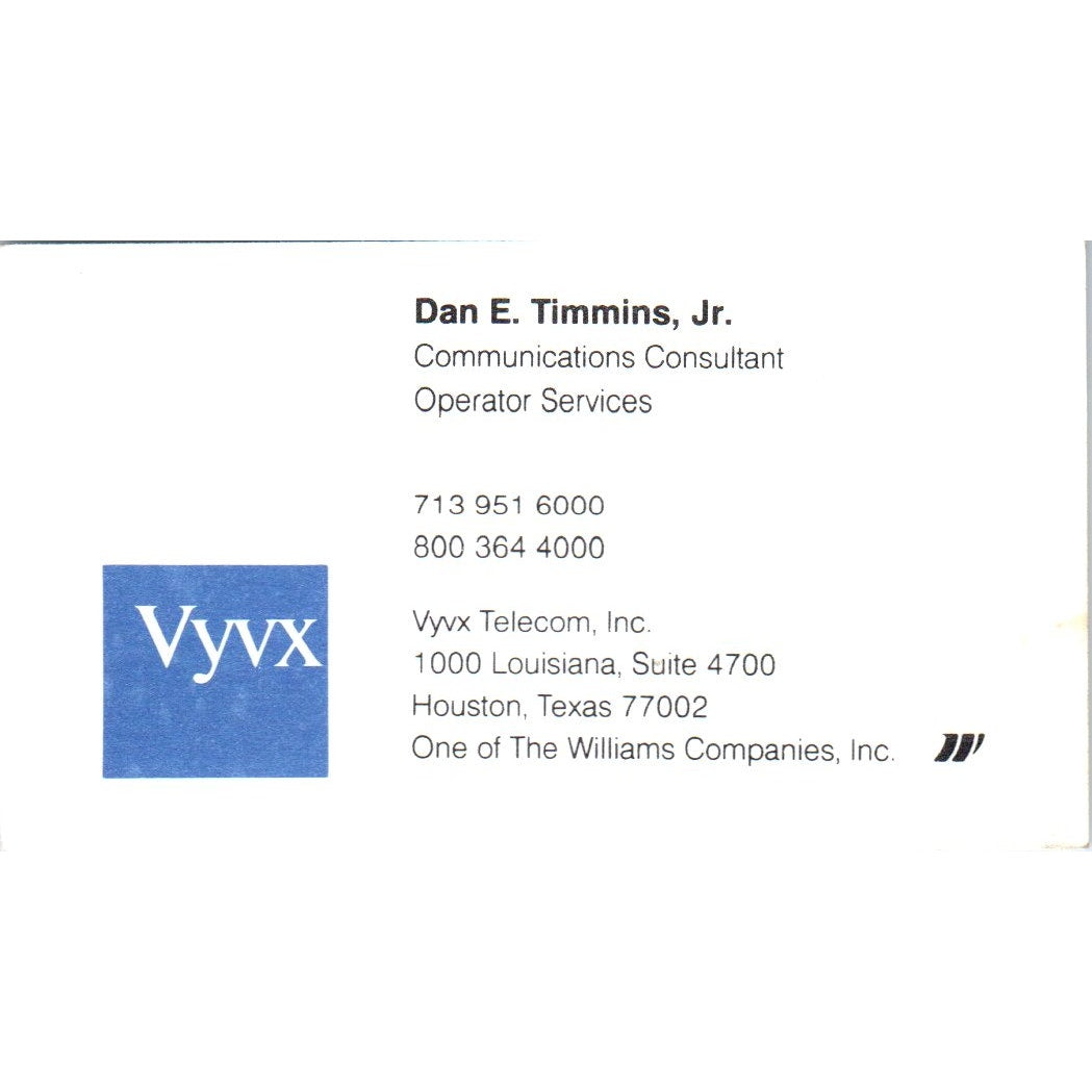 Dan E. Timmins Jr Vyvx Houston TX Vintage Business Card SD8-B19