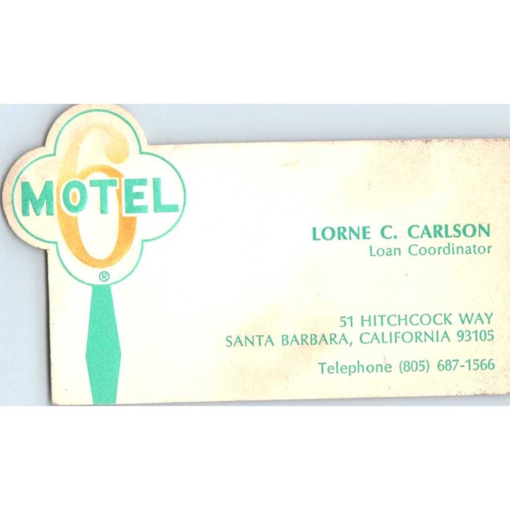 Motel 6 Lorne C. Carlson Santa Barbara CA Vintage Business Card SD8-B22
