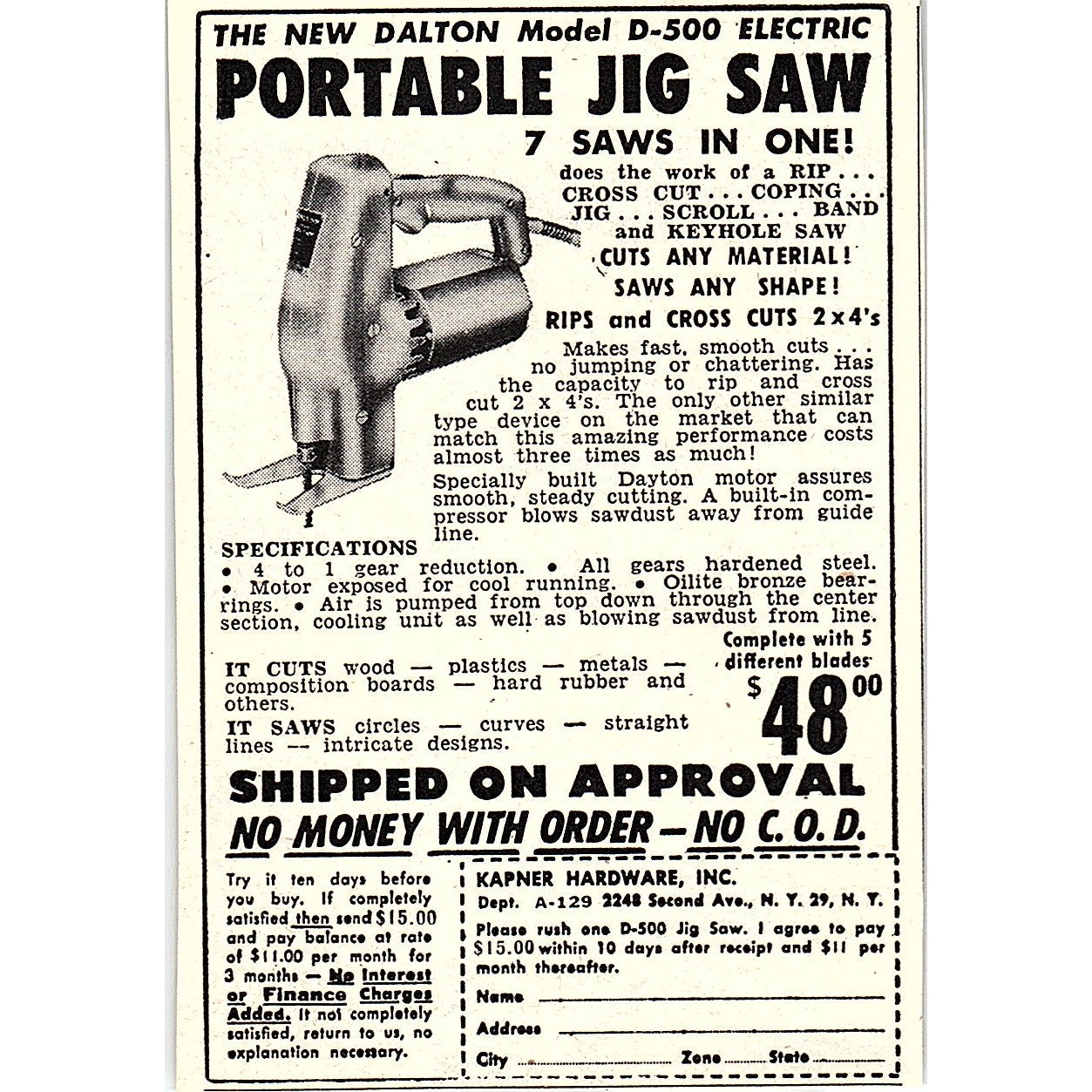 Kapner Hardware Inc Dalton D-500 Portable Jigsaw NY 1955 Ad AF9-M2