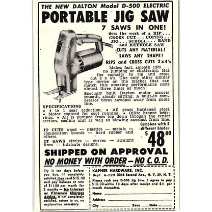 Kapner Hardware Inc Dalton D-500 Portable Jigsaw NY 1955 Ad AF9-M2