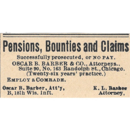 Oscar B. Barber & Co K.L. Barber Attorney Chicago 1898 Newspaper Clip AF7-E12