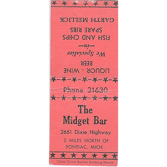 The Midget Bar Garth Mellick Pontiac MI Vintage Matchbook Cover SC7-Y5