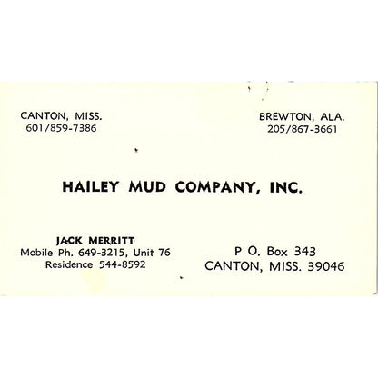 Jack Merritt Hailey Mud Company Inc Canton MS Vintage Business Card SD9-B3