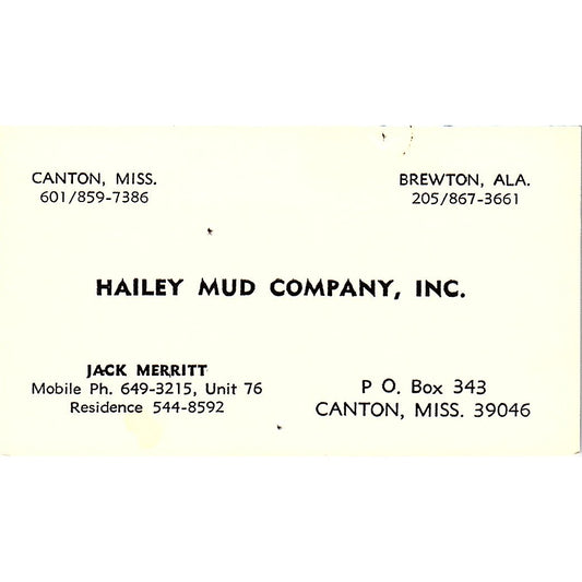 Jack Merritt Hailey Mud Company Inc Canton MS Vintage Business Card SD9-B3