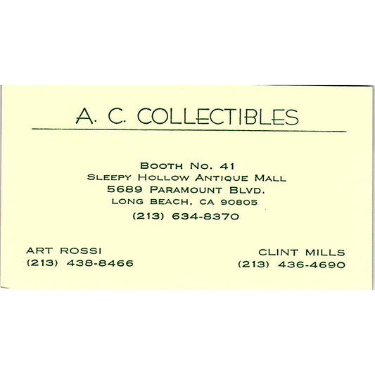 A.C. Collectibles Art Rossi Clint Mills Long Beach Vintage Business Card SE3-B16