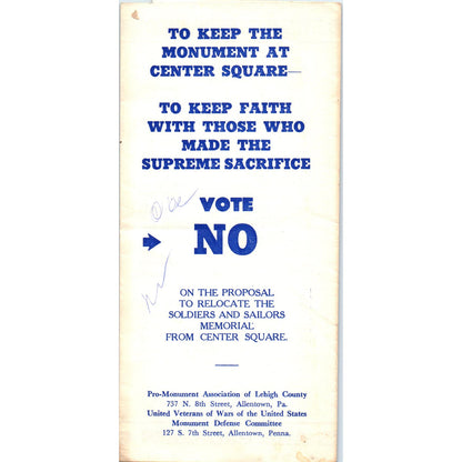1962 Leaflet Vote No on Removal of Soldiers & Sailors Memorial Allentown PA AE5