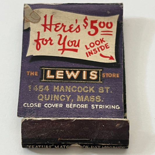 The Lewis Store 1454 Hancock St Quincy MA Vintage Matchbook Cover TB6-MB1-5