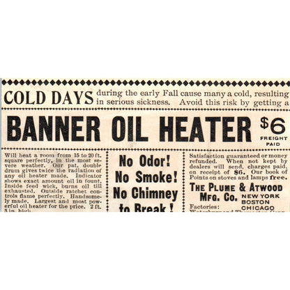 Banner Oil Heater Plume & Atwood Mfg Boston c1905 Original Advertisement AE7-A1