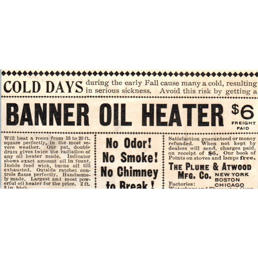 Banner Oil Heater Plume & Atwood Mfg Boston c1905 Original Advertisement AE7-A1