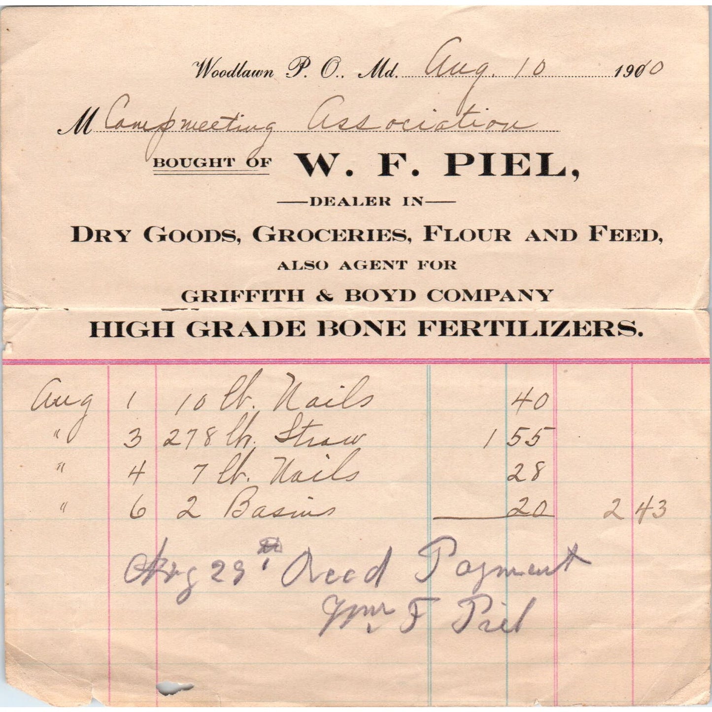 1910 W.F. Piel Dry Goods Griffith & Boyd Co Letterhead Woodlawn MD AE5