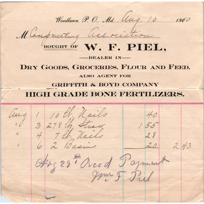 1910 W.F. Piel Dry Goods Griffith & Boyd Co Letterhead Woodlawn MD AE5