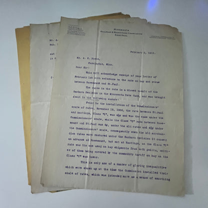 1912 Letter from Thomas Yapp, Minnesota Railroad & Warehouse Commission K22