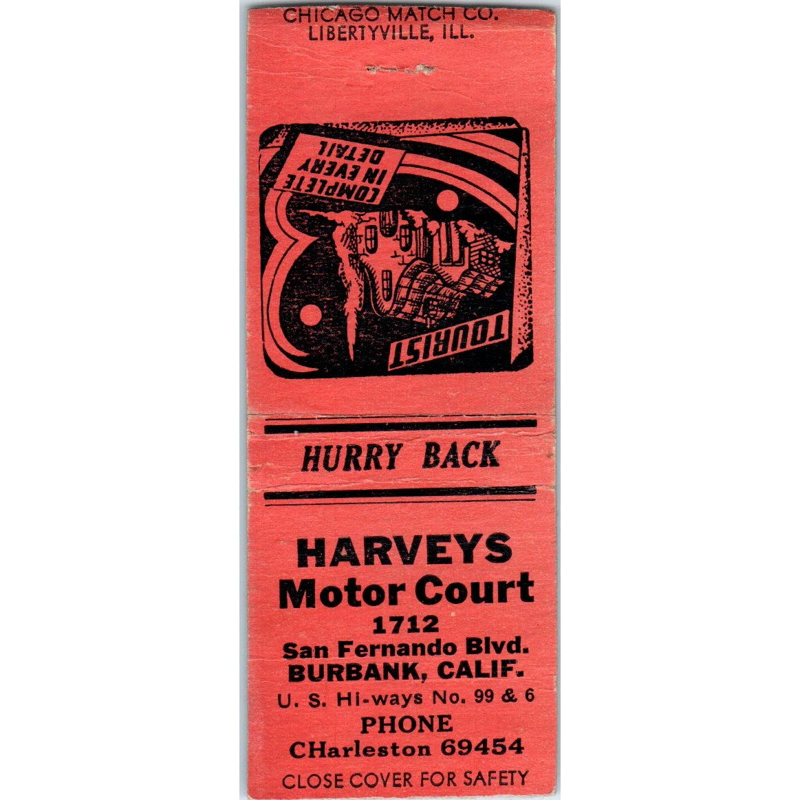Harvey's Motor Court Burbank CA Vintage Matchbook Cover SD4-Y7