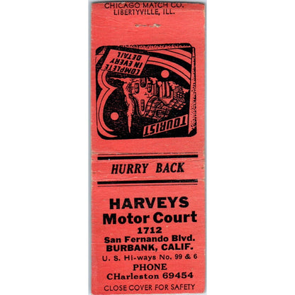 Harvey's Motor Court Burbank CA Vintage Matchbook Cover SD4-Y7