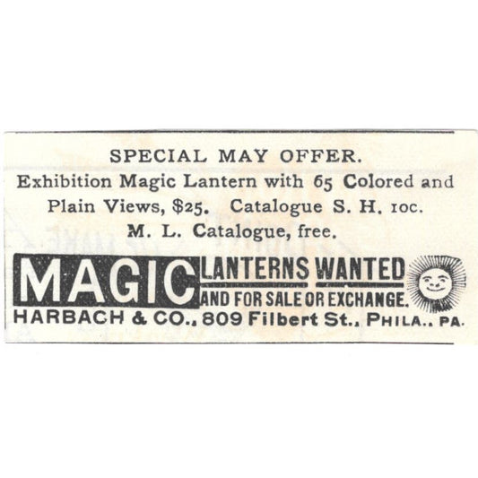 Magic Lantern Sale Exchange Harbach & Co Philadelphia c1890 Victorian Ad AE9-CH2