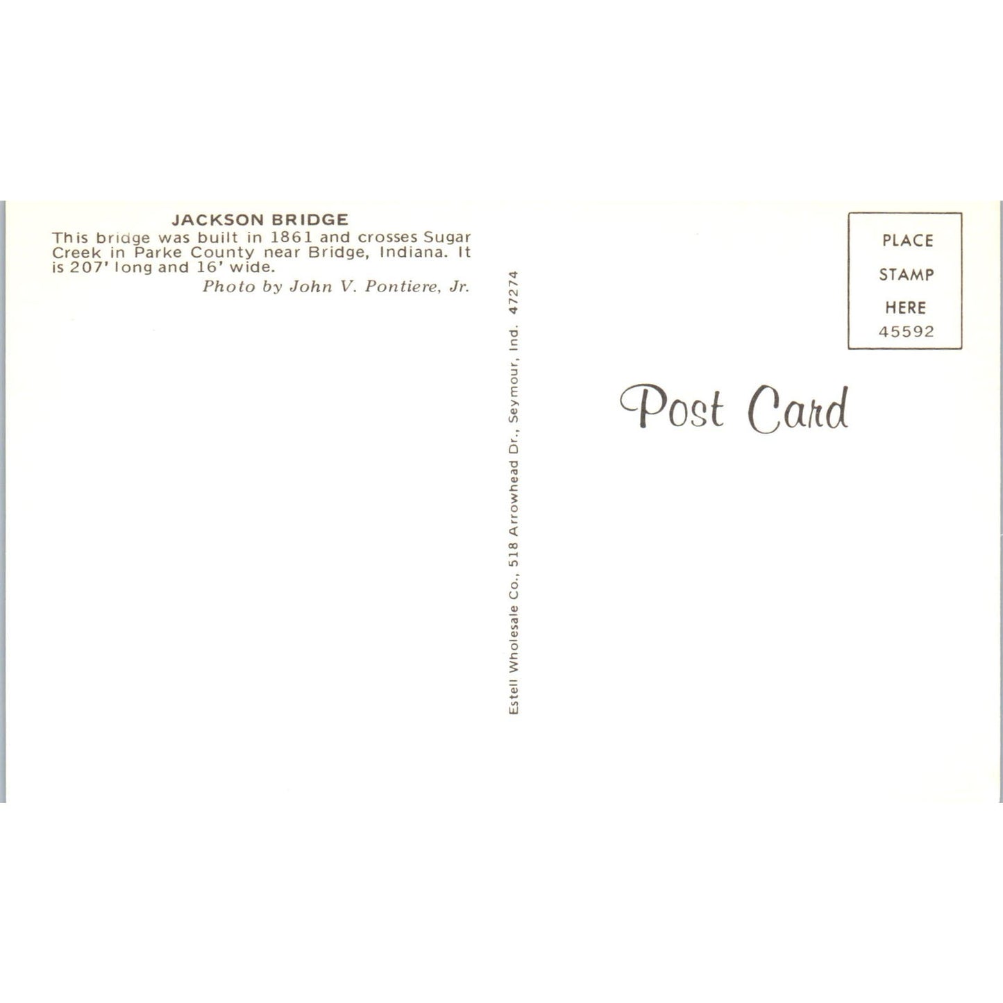 Jackson Bridge Parke County IN Vintage Covered Bridge Postcard PD3