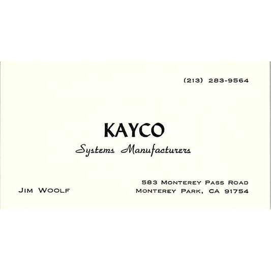 Kayco Systems Manufacturers Jim Woolf Monterey Park Vintage Business Card SD9-B5