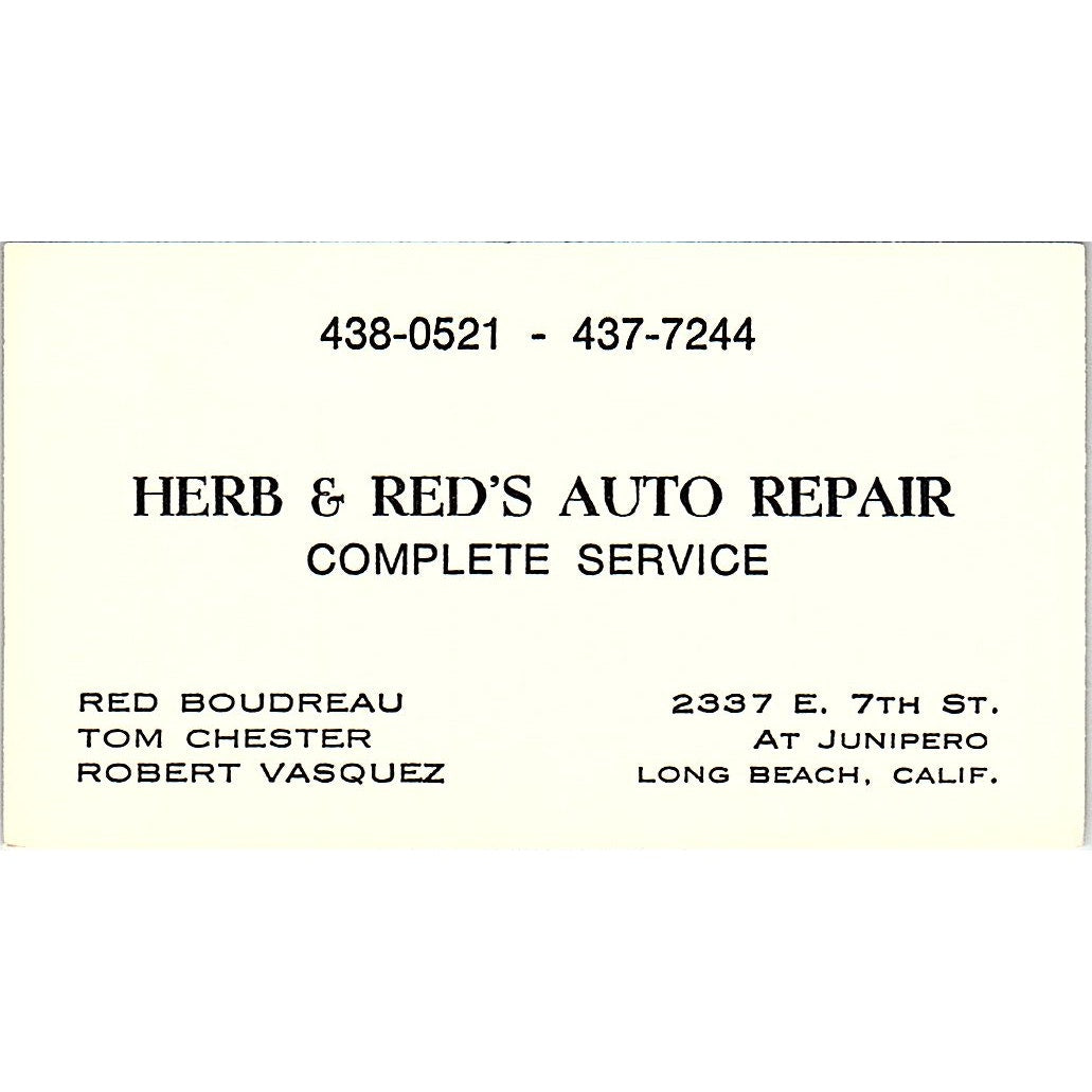 Herb & Red's Auto Repair Red Boudreau Long Beach Vintage Business Card SE3-B13