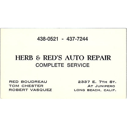 Herb & Red's Auto Repair Red Boudreau Long Beach Vintage Business Card SE3-B13