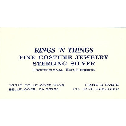Rings 'N' Things  Han & Eydie Bellflower C.A Vintage Business Card SF3-B9