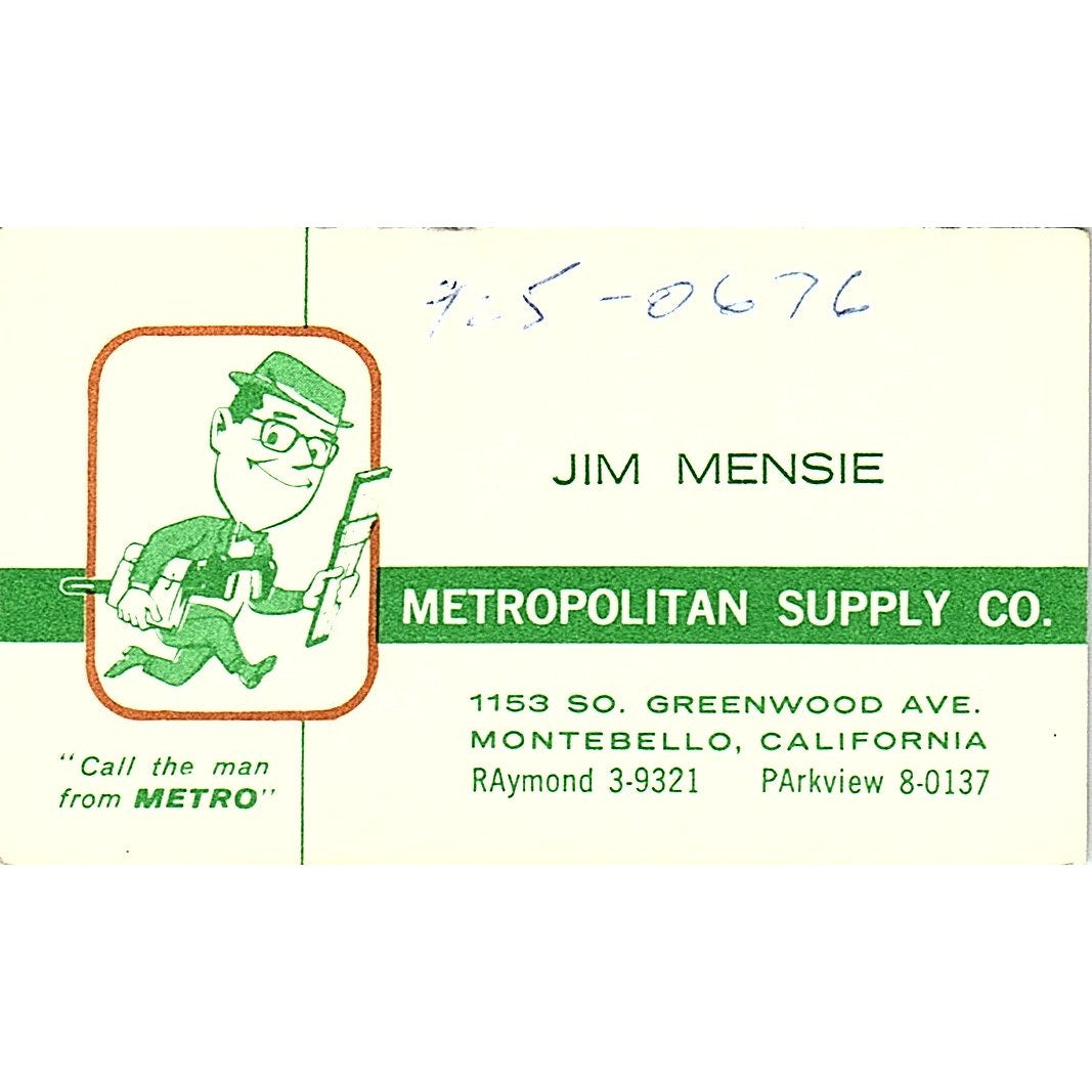 Metropolitan Supply Jim Mensie Montebello CA Vintage Business Card SB4-B11