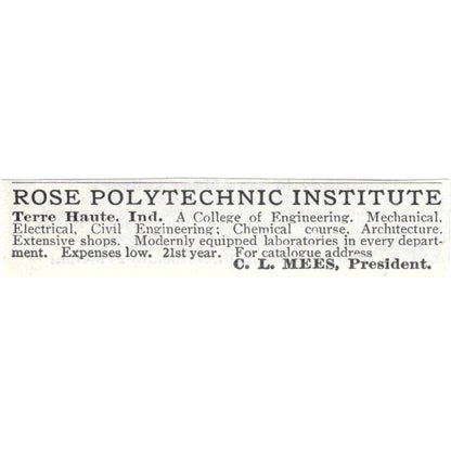 Rose Polytechnic Institute Terre Haute IN C.L. Mees c1918 Advertisement AE5-SV4