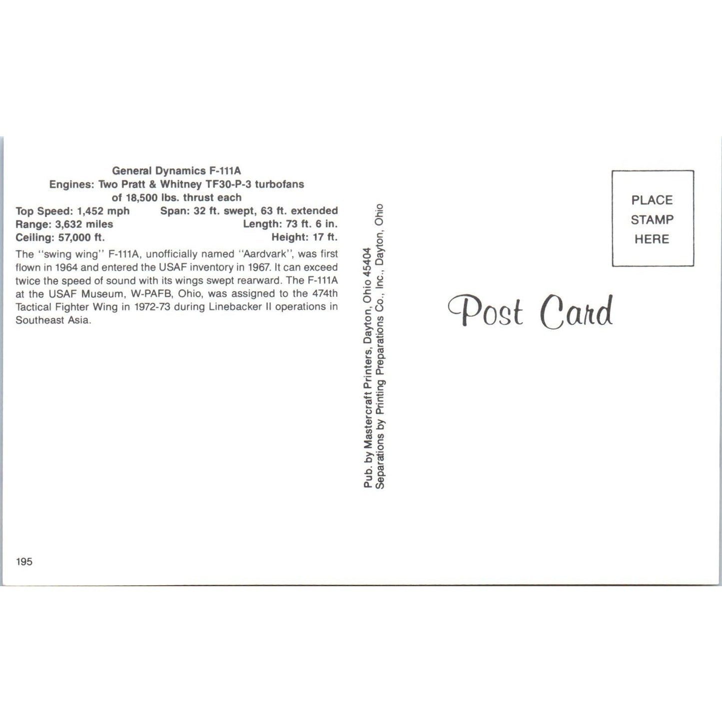 General Dynamics F-111A Vintage Postcard TG8-PC