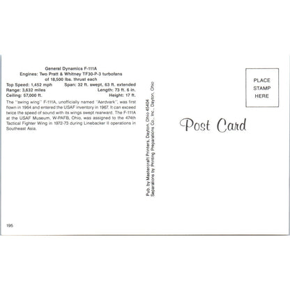 General Dynamics F-111A Vintage Postcard TG8-PC