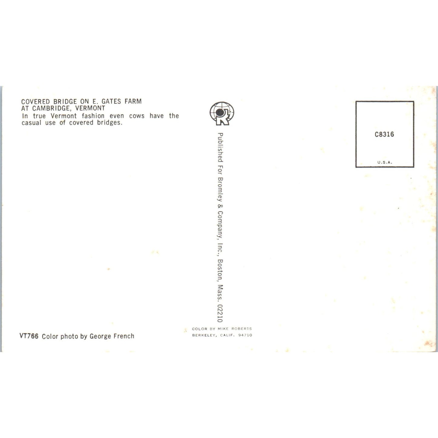 E. Gates Farm Bridge Cambridge VT Vintage Covered Bridge Postcard PC12