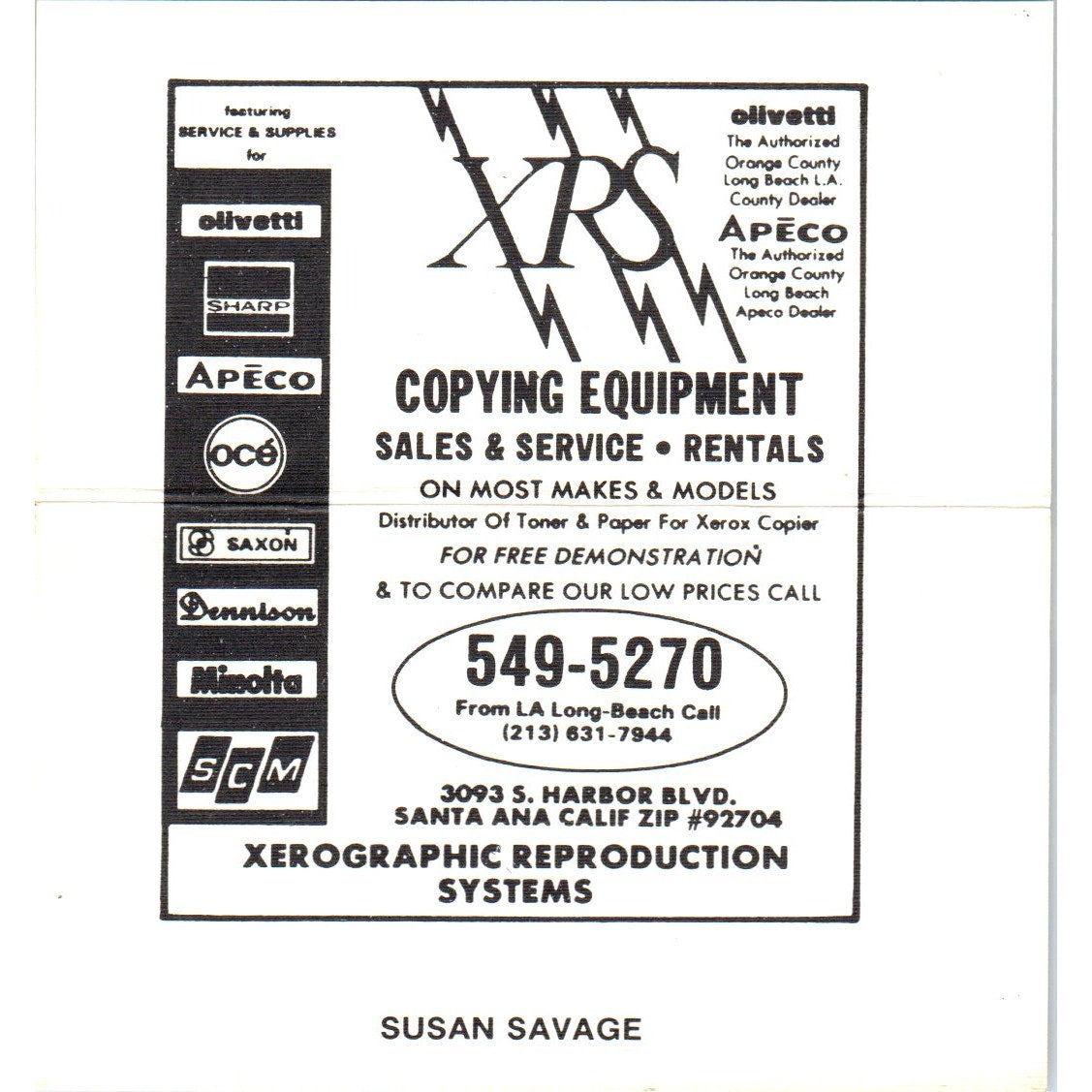 Susan Savage XRS Xerographic Reproduction Systems Santa Ana Business Card SE3-B3