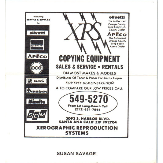 Susan Savage XRS Xerographic Reproduction Systems Santa Ana Business Card SE3-B3