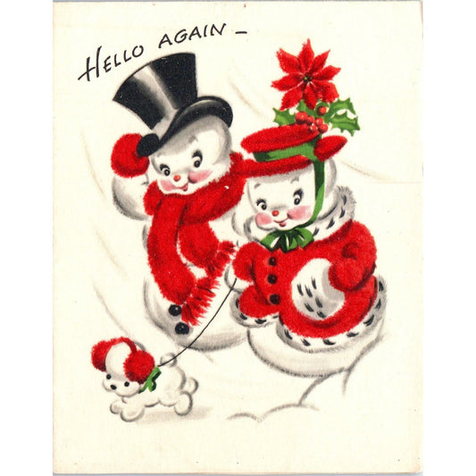 c1950 Flocked Snowman With Puppy Christmas Greeting Card AE2