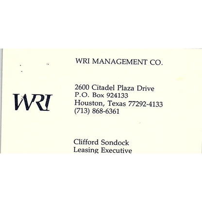 Clifford Sondock WRI Management Co Houston Vintage Business Card SE3-B14