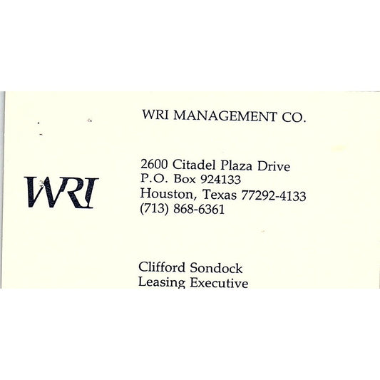 Clifford Sondock WRI Management Co Houston Vintage Business Card SE3-B14