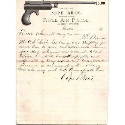 1870s Pope Bros Air Rifle Pistol Manufacturers 45 High St. Boston Billhead J16