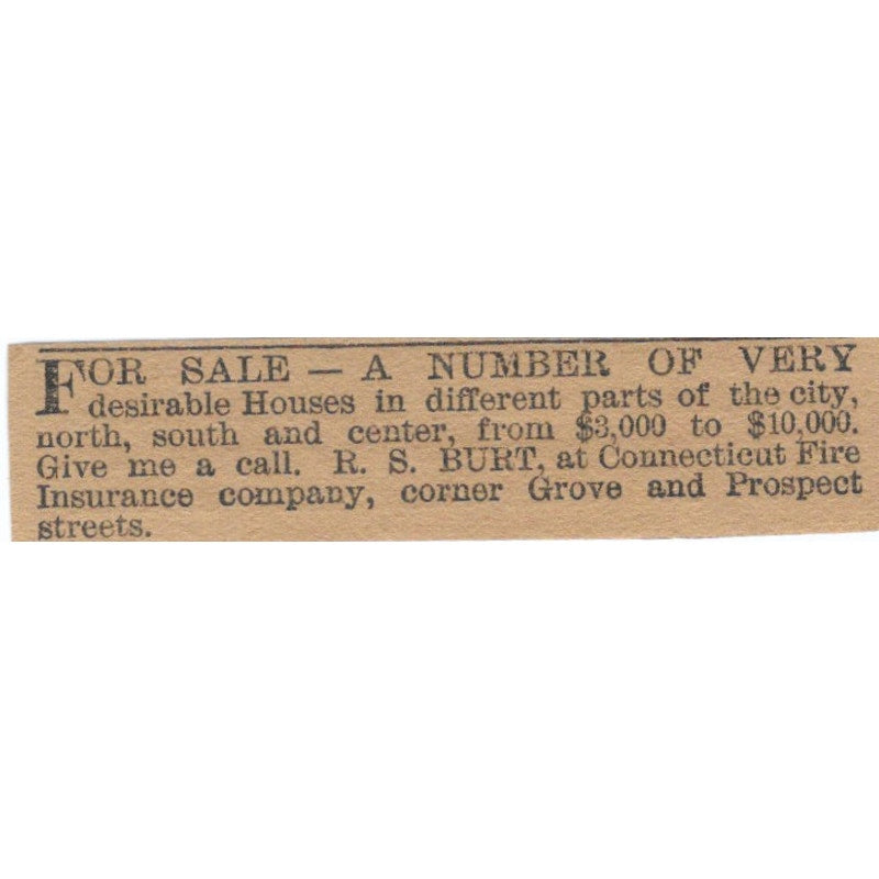 R.S. Burt Connecticut Fire Ins Co Hartford 1886 Newspaper Ad AF7-SS7