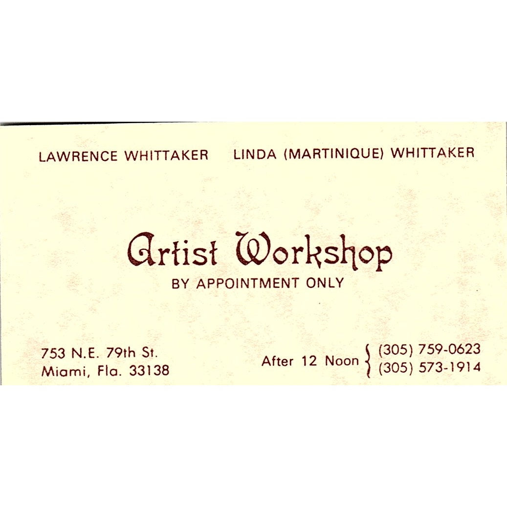 Lawrence & Linda Whittaker Artist Workshop Miami FL Vtg Business Card SE3-B11