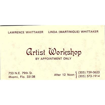 Lawrence & Linda Whittaker Artist Workshop Miami FL Vtg Business Card SE3-B11