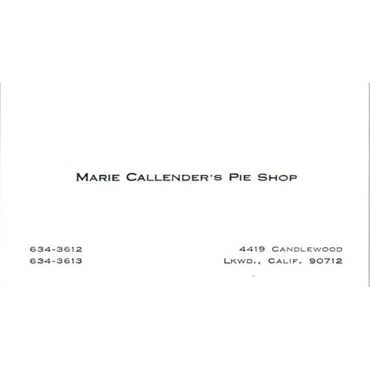 Marie Callender's Pie Shop Lakewood California Vintage Business Card SD8-B7